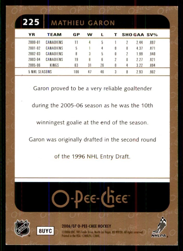 2006-07 O-Pee-Chee Mathieu Garon Los Angeles Kings #225 - Image 2 of 2