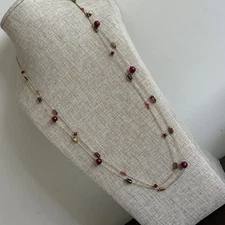 Long two strand beaded charming Charlie necklace in gold tone metal Fall Red 
