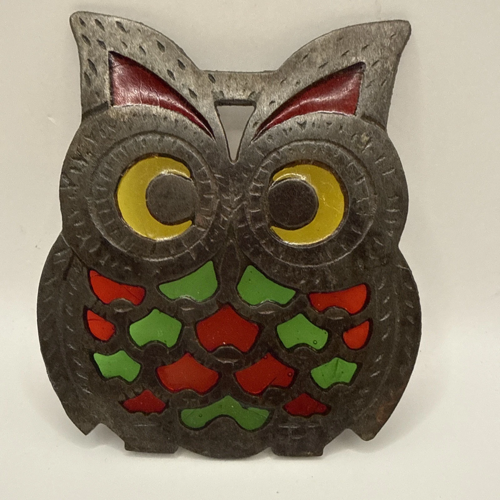 VTG MCM Cast Iron & Stain Glass Owl Trivet 60-70s Kitschy Decor - product detail image 1