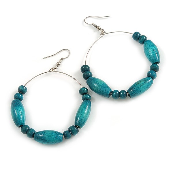 50mm Diameter Teal Wood Bead Hoop Drop Earrings In Silver Tone - 75mm Long