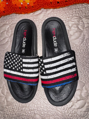 Hey Dude Men's American Flag Slide Sandals - Black  Leather insoles Size 9/10
