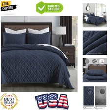 Quilt Set Queen Size Navy Blue, Classic Geometric Diamond Stitched Pattern, U...