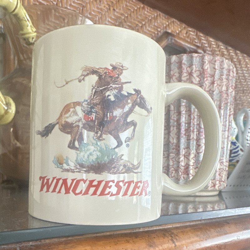 Winchester Beige Advertising Coffee Mug Cowboy on Horseback Graphic