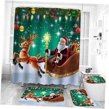 4PCS Christmas Shower Curtain Set, Rope Ball Green Pine Branches Santa Reindeer