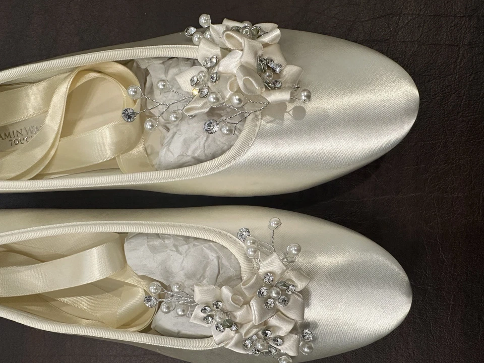 Ivory Bridal Flats – Satin, Pearls & Crystal Wedding Slippers with Ribbon - 9.5 - Image 3 of 4