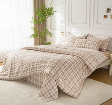 7 Piece Brown Plaid Comforter and Sheet Set,Queen Size Gingham Bedding Set for K