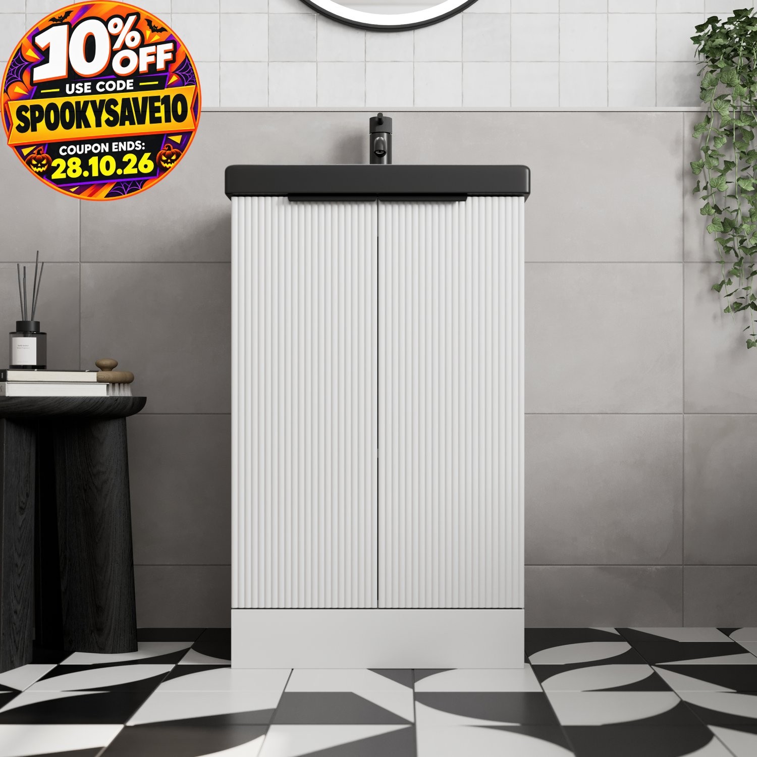 Fluted 500mm White Floorstanding Vanity Unit Black Basin Soft Close Doors