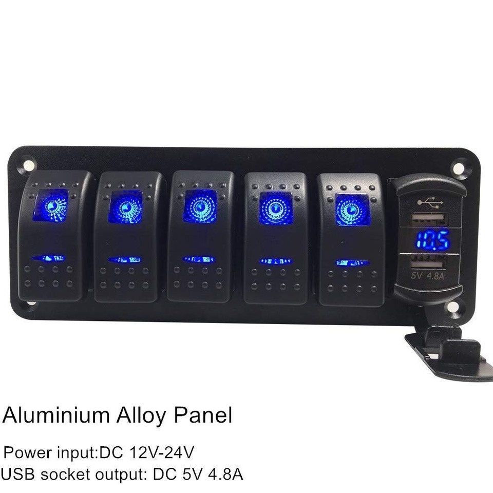 5Gang 12V/24V Dual USB LED Rocker Switch Panel Decal Fit Car Truck Boat Marine E - Foto 7