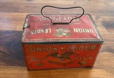 Vintage Red Union Leader Cut Plug Tobacco Hinged Lunch Box Pail Tin Handle Clasp