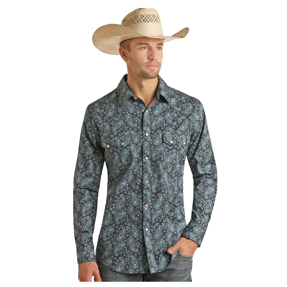 Cotton Paisley Long Sleeve Western Casual Button-Down Shirts for Men