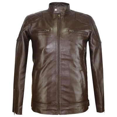 David Beckham Stannard Men Brown Real Lambskin Leather Retro Biker Bomber Jacket