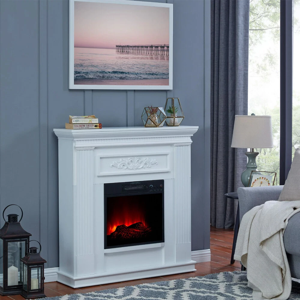 White 38u0026#034; Electric Fireplace Fan-Forced Heater with 5-Level Led Flame  Effect | eBay