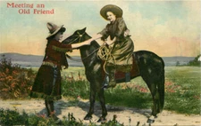 C-1910 Cowgirls meeting an old friend horseback Postcard 22-10957