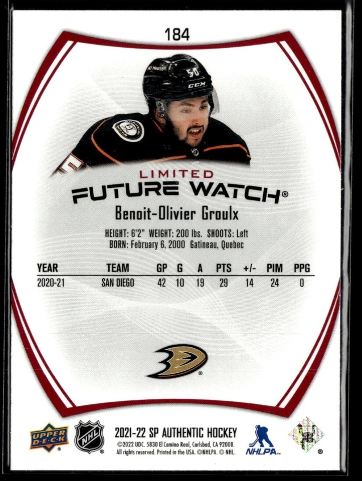 2021-22 Sp Authentic Future watch red Benoit-Olivier Groulx Rookie #184 H7R2C - Image 2 of 2