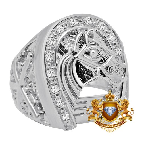 Men's 925 Sterling Silver Lucky Horseshoe Ring With Blue & White CZ Stones - Size 10
