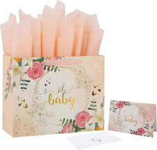 13" Large Light Orange Gift Bag Set with Greeting Card and Tissue Paper Gold Fo