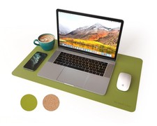 Dual-Sided Mouse Pad Cork PU Leather Desk Mat Non-Slip Olive Green 23.6x13.7