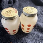 Vintage ANCHOR HOCKING Fire King Milk Glass Red Dot Salt and Pepper Shake Set 2