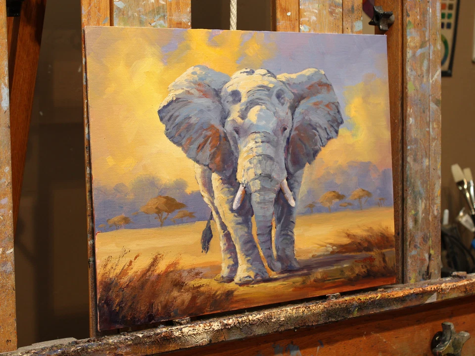 Arte Jeff Love Original Pintura al Óleo sobre Lienzo Elefante Africano Impresionismo NUEVO Foto 3 de 4