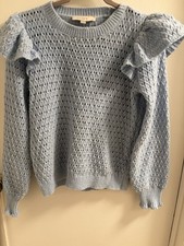 LOFT Light Blue Pointelle Ruffle Shoulder Long Sleeve Sweater Size Medium