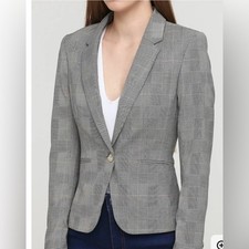 H M Gray Plaid Single-Button Fitted Blazer Jacket Size 2