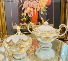 Antique Nippon Large Gold Gilt Moriage Cream & Sugar Set C. 1891-1911 Maple Leaf