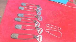 Vintage Brass Safety Pins 4 7/8 " long 6 Matching Tags Laundry / Industry