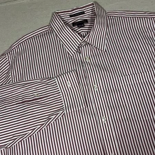 Lands End Men's 17 1/2 -35 No Iron Pinpoint Oxford Dress Shirt Red Stripe Pocket