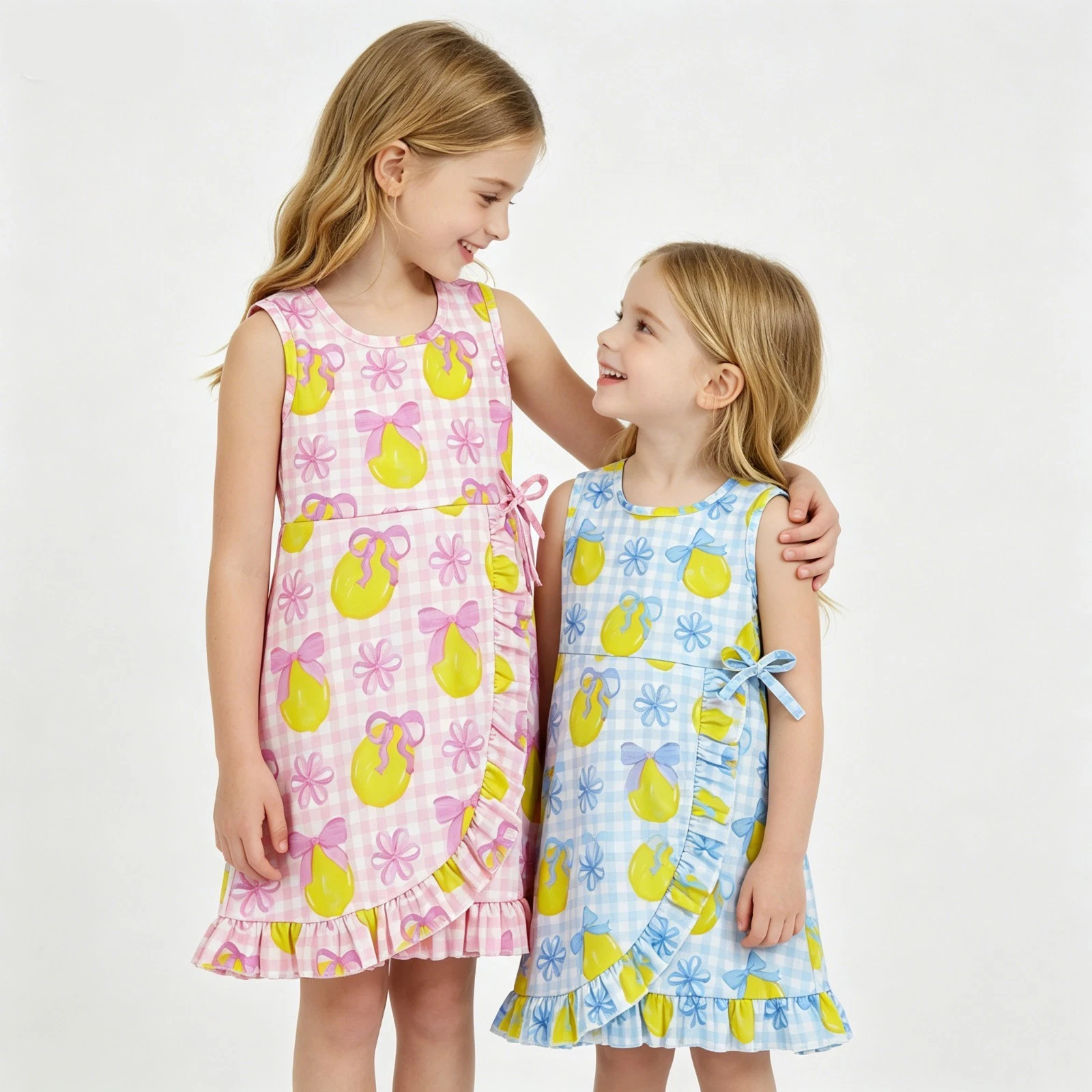 SIbling Toddler Girls Lemon Bow Gingham Sleeveless Active Dress Sport Wear