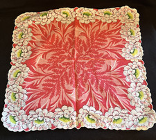 Vintage Ladies Handkerchief Floral Scalloped Edge with Flowers Clean Red Yellow
