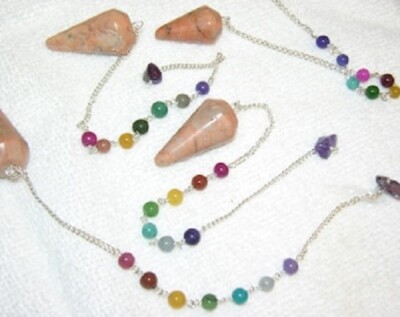 Pendulum natural moonstone w/7 Chakra stones & holding bead 9 inch