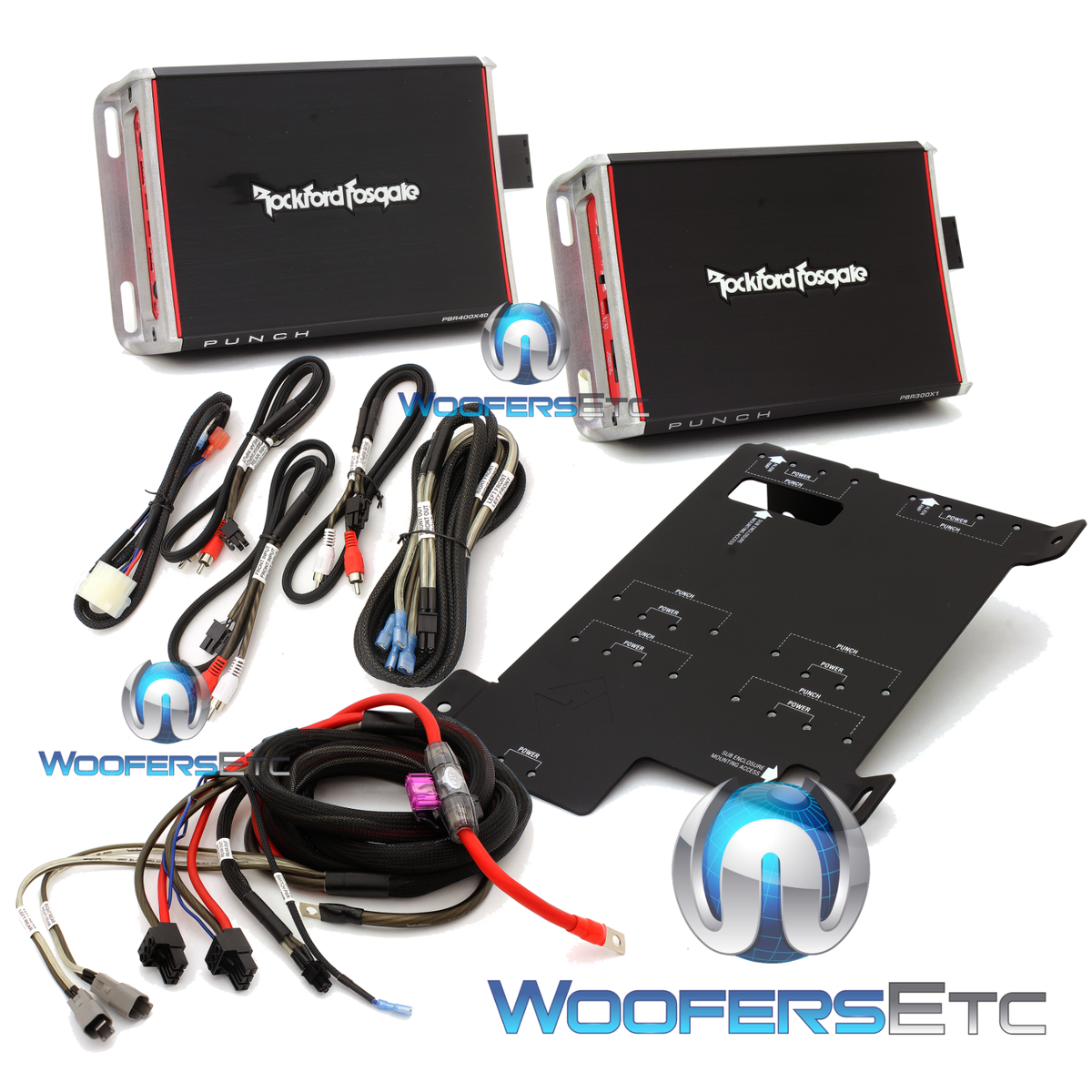 3pkg ROCKFORD FOSGATE PBR400X4D + PBR300X1 AMP + RFRZ-K4D KIT FOR