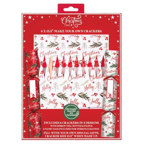 6 Pack Make your Own Christmas Crackers 100% Recyclable - Red Holly Jolly - Picture 1 of 2