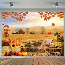7X5FT Fall Backdrop Autumn Harvest Backdrop Thanksgiving Hay Maple Leaves Bac...
