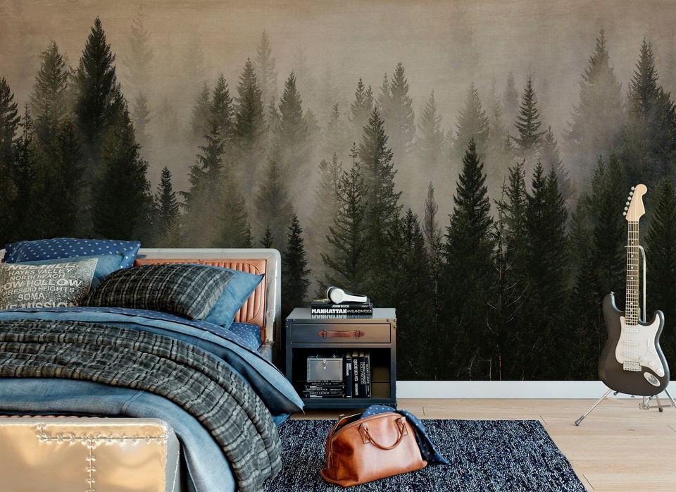 Misty Pine Tree Forest Landscape Wallpaper. Peel and Stick Wall Mural ...