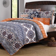 Boho Chic Moroccan Paisley Pattern Grey Orange Cotton 3 Piece Full/een Size