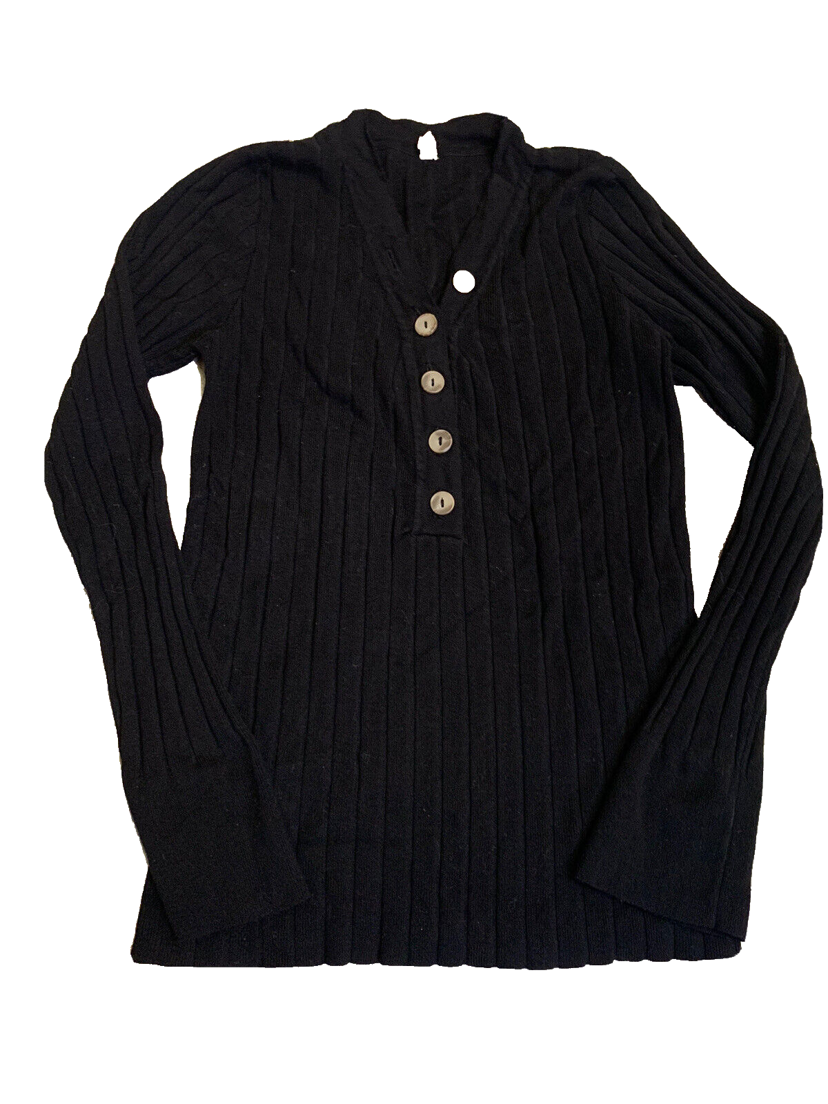 Black V-Neck Button-Front Tight Knit Pullover Sweater for Women - Large