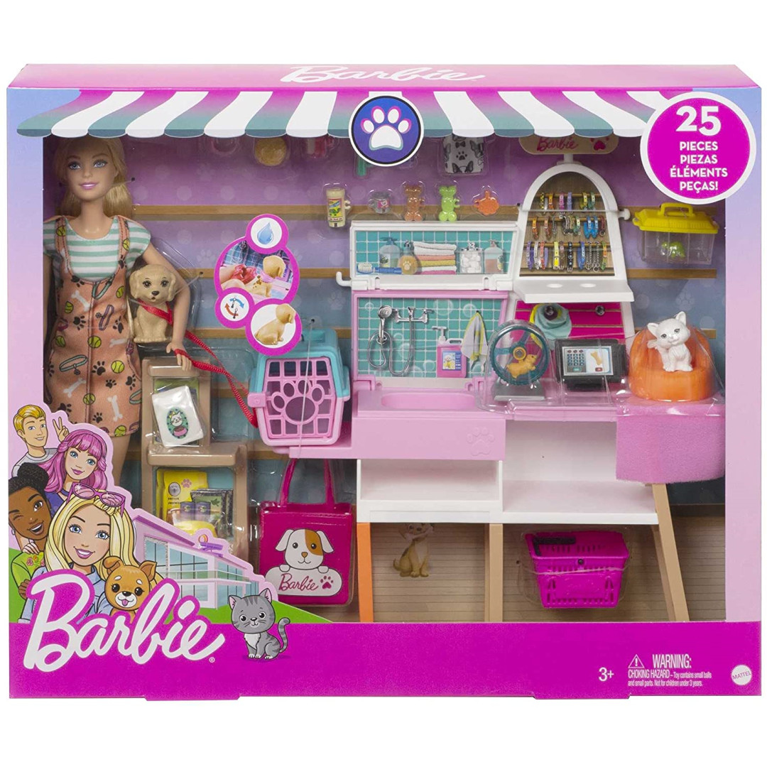 Barbie Pet Supply Store Doll & Costume Puppy Kitten 25 Pcs Play Set New Mattel