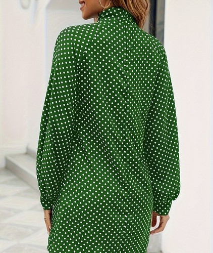 NEW Womens Party Polka Dot Dress Casual Loose High Neck Long Sleeve Dresses - Picture 8 of 15