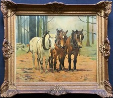 Tre cavalli funzionanti! BELLISSIMO DIPINTO OLIO ORIGINALE FIRMATO 1948 OLANDESE DOPOGUERRA