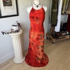 Vintage Orange Rayon Floral Maxi Dress Women's Size L
