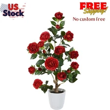 Artificial Camellia Tree 3ft, Fake Plant in White Pot, Faux Camellia Silk Flower