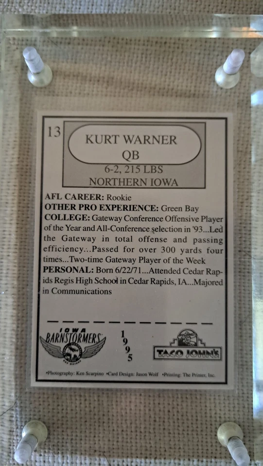 1995 Iowa Barnstormers Taco John's Kurt Warner Rookie RC Card Hof! RARO! Foto 3 de 4