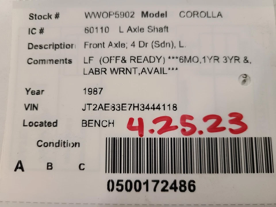 Eje de transmisión delantero izquierdo usado se adapta a: Toyota Corolla 1987 eje delantero 4 puertas SDN L Foto 4 de 4