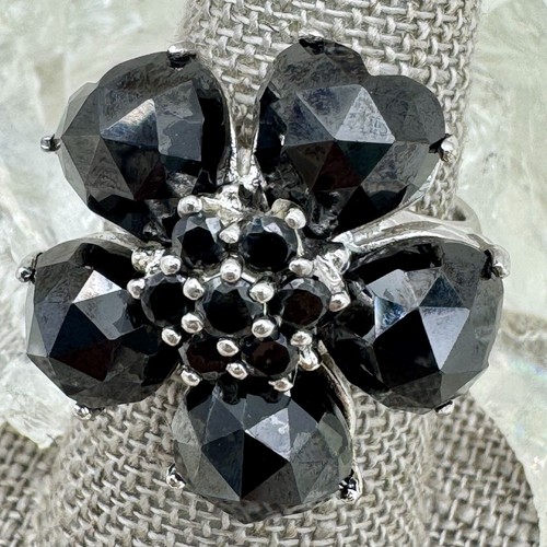VTG 925 Thailand Flower Cocktail Ring Black Hematite Cluster Hearts US Size 8 - Picture 4 of 11
