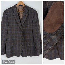 Stafford Essentials Slim Fit Plaid Blazer Wool Blend Elbow Patch Brown Blue 48R