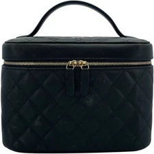 CHANEL Vanity Pouch Black Caviar Leather Handbag Gold Hardware Dust Bag #OK2302