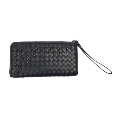 Bottega Veneta Intrecciato Studded Zip Around Wallet Wristlet Black Leather EUC