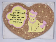 Vintage Happy Corkers Cat Funny Procrastination Cork Memo Board 1988 Pink Yellow