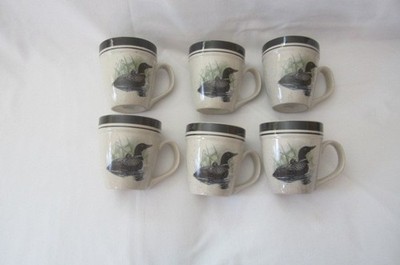 Preowned Lot of Six Folkcraft Stoneware Loon Lake Coffee Mugs - 4 1/2'' in Height